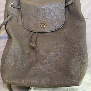 Tory Burch Pebbled Leather Backpack in Gray with Gold Logo